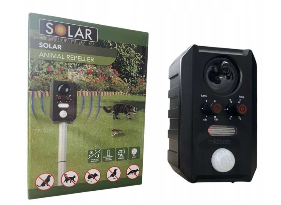 Соларен ултразвуков уред против животни с PIR сензор и LED светкавица
