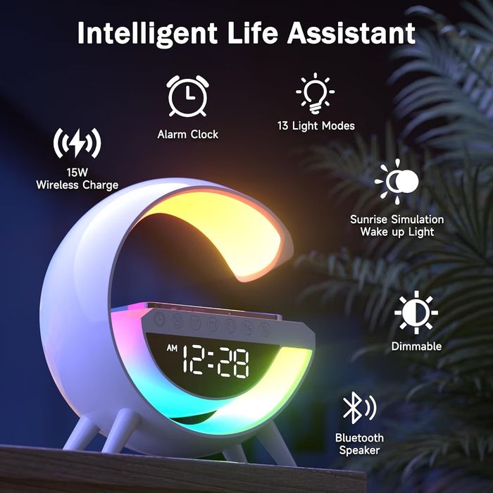 Atmosphere Lamp with Wireless Charger, 15W Led Alarm Clock Dimmable Ambient Light Smart Table Lamp with Bluetooth Speaker
