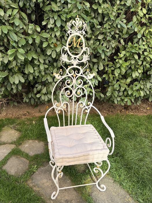 Метален градински стол, стилен, бял и златист