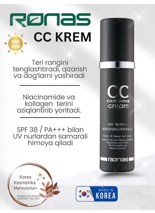 Ronas CC krem yuz uchun cc krem, spf 38+ va namlantiruvchi krem, 50 ml