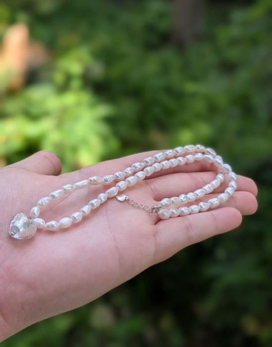Vechi colier lant perle naturale de cultura baroc cu inchizatoare din argint de 925 si pandantiv inima