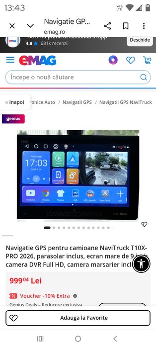 Navigatie GPS  NaviTruck T10X-PRO 2026, parasolar inclus, ecran mare de 9 inch, camera DVR Full HD, camera marsarier inclusa