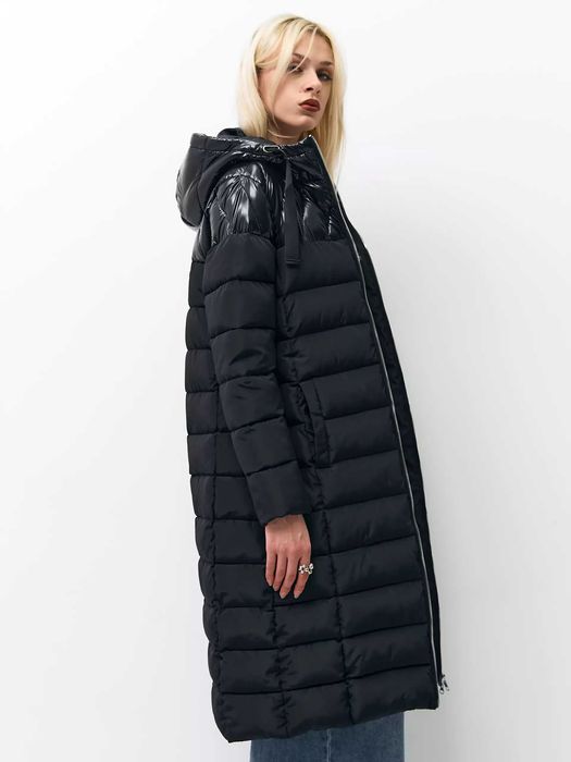 Дамско зимно яке , ватирано дълго зимно яке , черен цвят