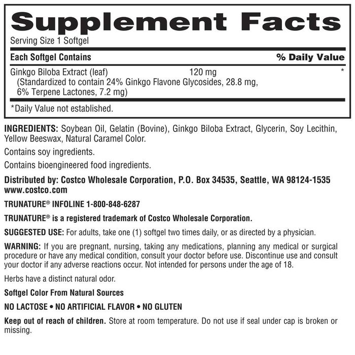 БАД для мозга и памяти Ginkgo Biloba 120mg 340шт Тrunature из USA