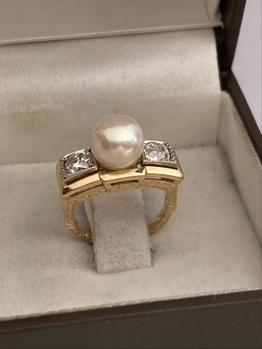 Inel vintage aur 18kt.cu diamante 0.55 si perla
