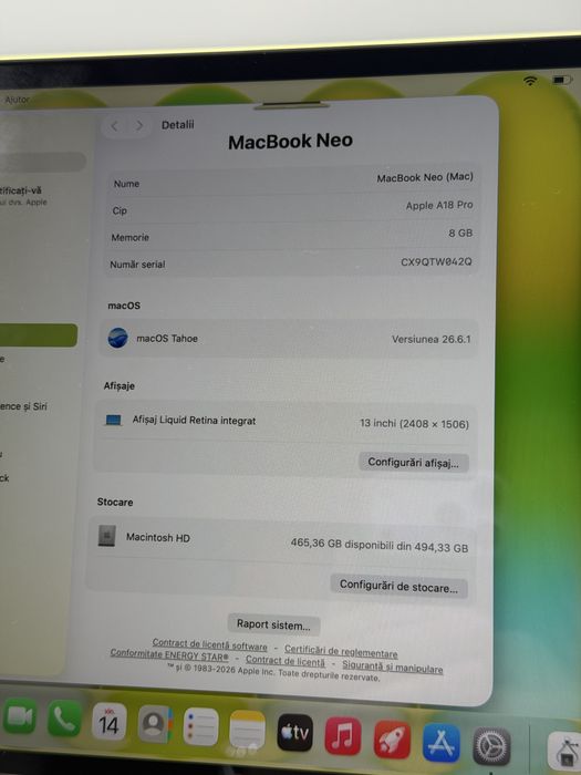 Macbook Neo 13" , 512 GB , 8 GB RAM , A18 PRO, Baterie 100% , 7 Cicluri , Citrus