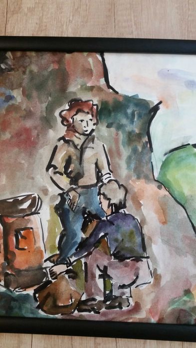 Картина, рисувана на ръка с черен туш и акварел.