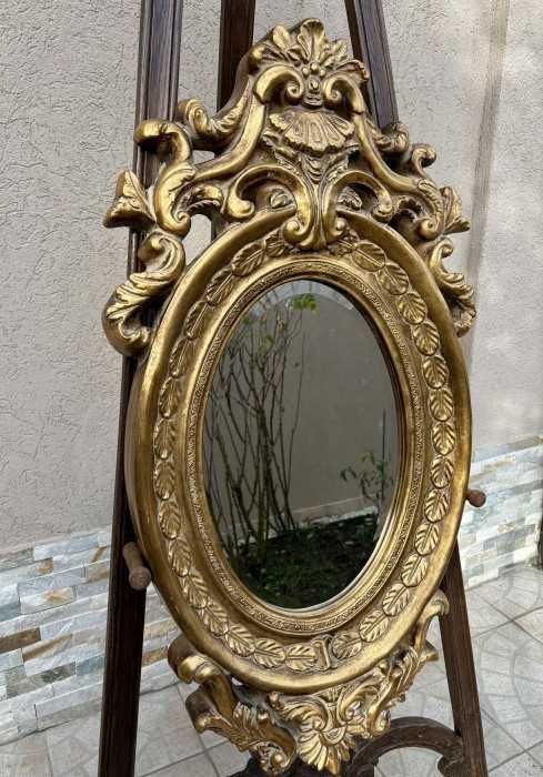 Superba oglinda in stil baroc-forma ovala-patina cu foita-sculpturi manuale-cristal bizotat-Franta