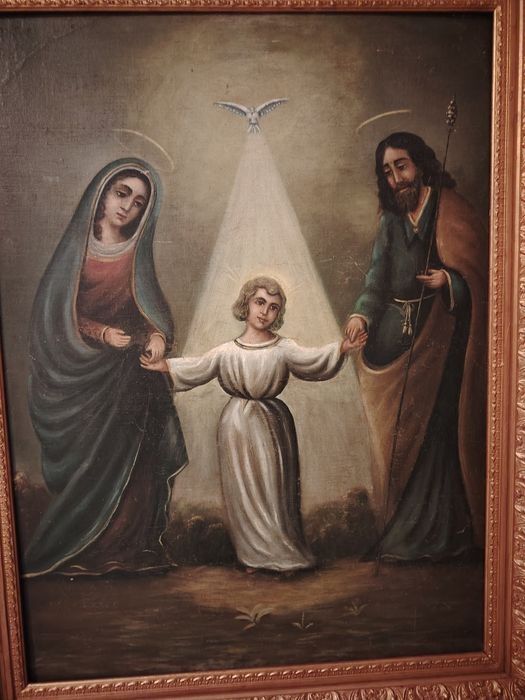 Pictură religioasă cu Fecioara Maria, Pruncul Iisus și Sfântul Iosif,rama din lemn masiv cu o deosebită sculptură, dimensiuni 95 cm cu 75