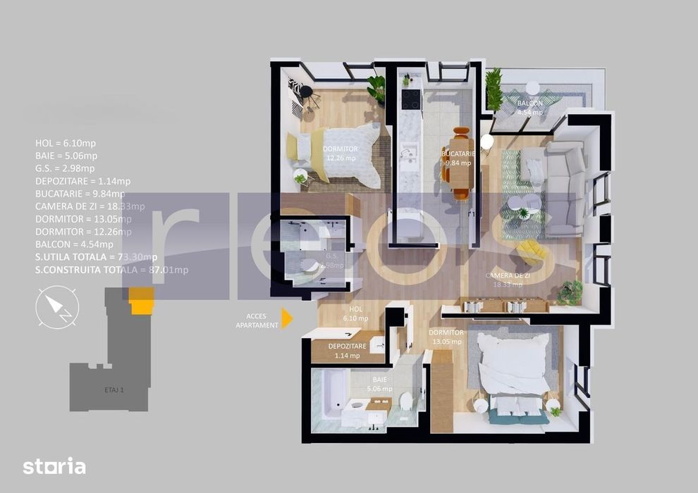 Vanzare Apartament La Cheie | 3 Camere | 73 Mp | Terasa | Parcare