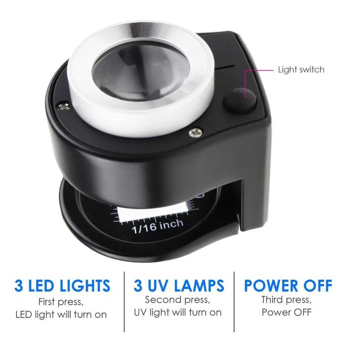 Бижутерска лупа с 30x увеличение, UV и LED светлини
