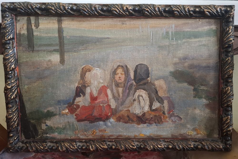 Vând tablou foarte vechi, autentic, sezatoarea, ulei pe panza