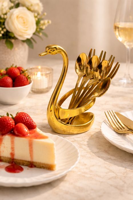 Set tacamuri inox auriu 7 piese, suport tip Lebada, set linguri si furculite, finisaj premium, decor masa elegant