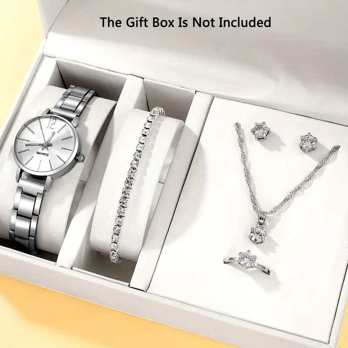 Нов нежен дамски комплект - часовник, колие, гривна, обеци и пръстен