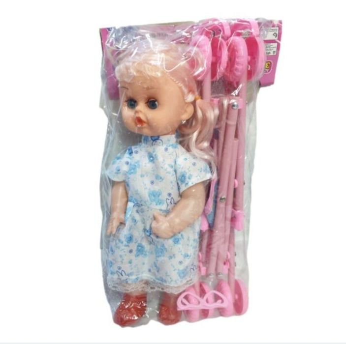 Играчка за деца, пластмасова кукла в количка  35 см , модел синя рокля