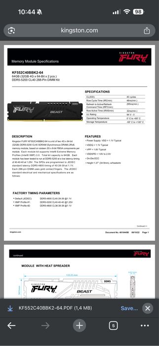 RAM Kingston FURY Beast 64GB (2x32GB) DDR5-5200 CL40 – KF552C40BBK2-64