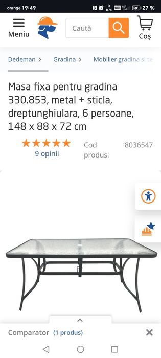 Masa dedeman fixa  metal + sticla,  6 persoane.