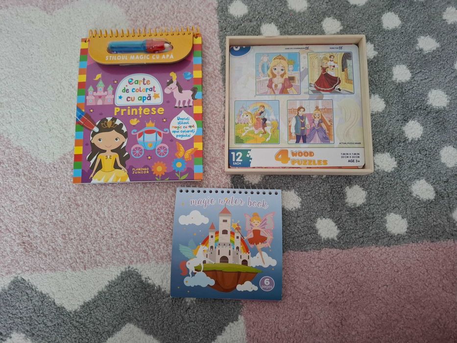 Set 3 produse Prințese: carti de colorat cu apă, puzzle lemn