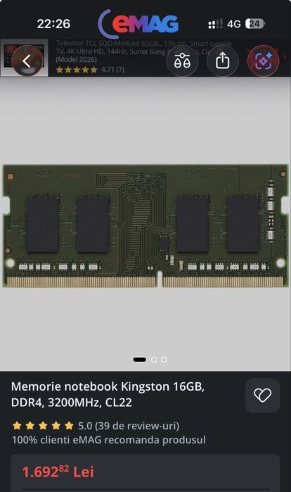Kingston 16GB DDR4 3200MHz CL22 SODIMM – KCP432SS8/16 – Garanție