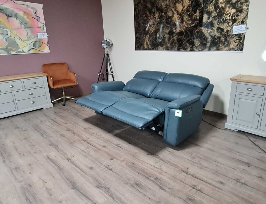 Тюркоазено син кожен диван тройка с ел. релакс механизъм La-z-boy