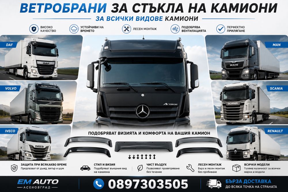 Ветробрани за стъкла на камиони – DAFMANScaniaVolvoMercedes ActrosRenaultIveco