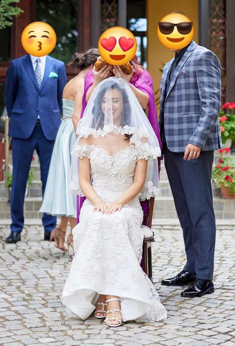 Rochie decoltată de mireasă tip sirenă, model floral 3D (S/M, 36-38)