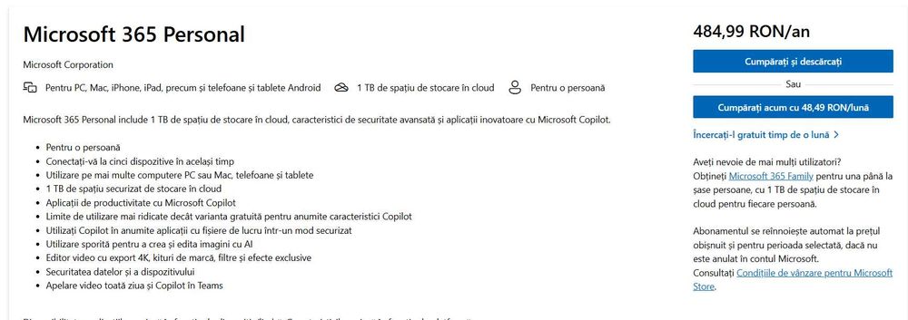 Licență Microsoft 365 Personal - 1 An (12 Luni) / 1 Utilizator - Nou, Sigilat