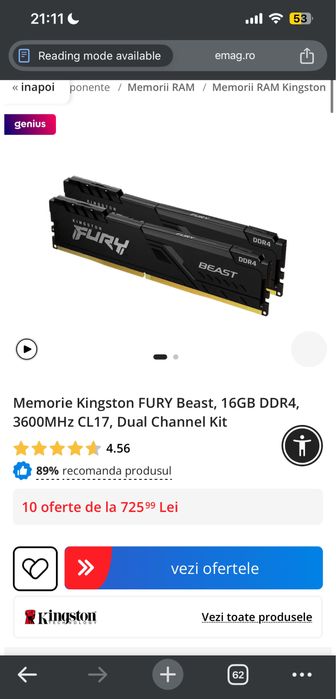 Memorie ram Kingston fury beast ddr4 16gb 3600mhz dual channel