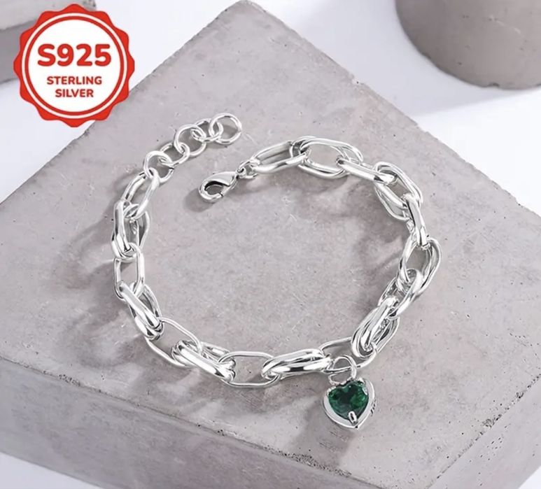 Сребро S925 / Сребърна гривна със зелен цирконий - 20см