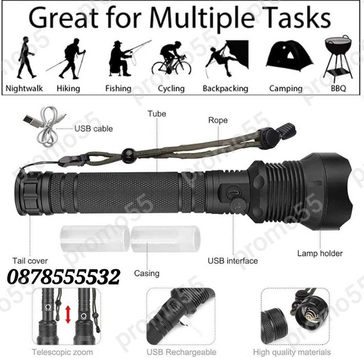 USB Акумулаторен лед фенер Police 900 000W водоустойчив с увеличение