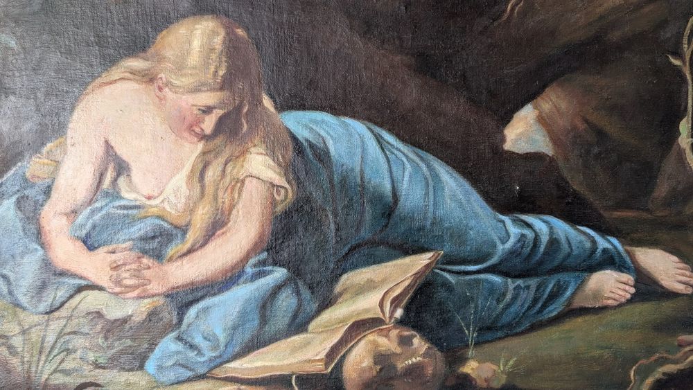 Rama veche, de calitate continund o copie de ulei pe panza (litografie veche) 107 x 65 cm, rama foarte interesanta, Maria Magdalena pocaind