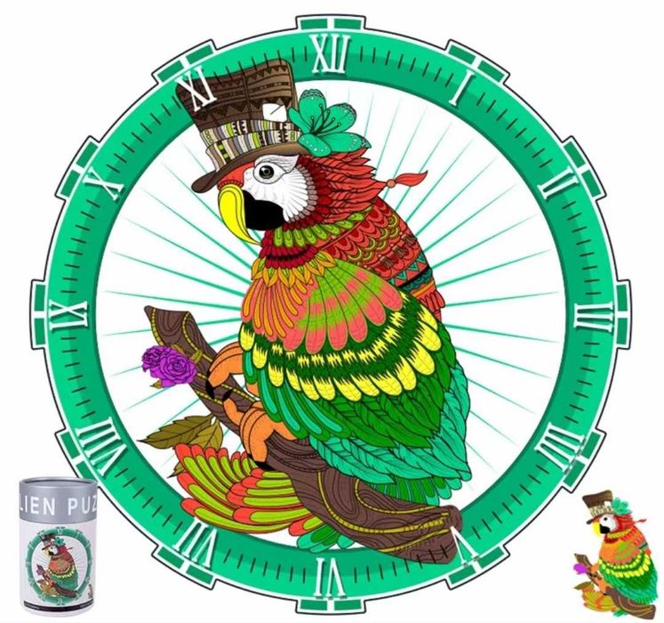 Папагал | Дървен пъзел часовник с части на животни / 9 модела