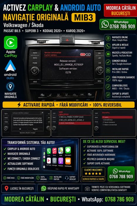 Activare MIB3 Volkswagen și Skoda | CarPlay, Android Auto, Navigație Originală, We Connect, Skoda Connect