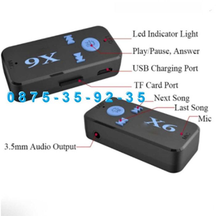 X6 Bluetooth Audio Aux Adapter блутут адаптер с микрофон и Карта Памет