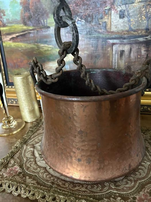 A145 Caldarusa de cupru batut si fier forjat 1,3kg 15x20D cm