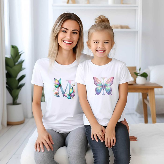Тениски с Букви за Мама и Аз с пеперуди, цветя, еднорог и още