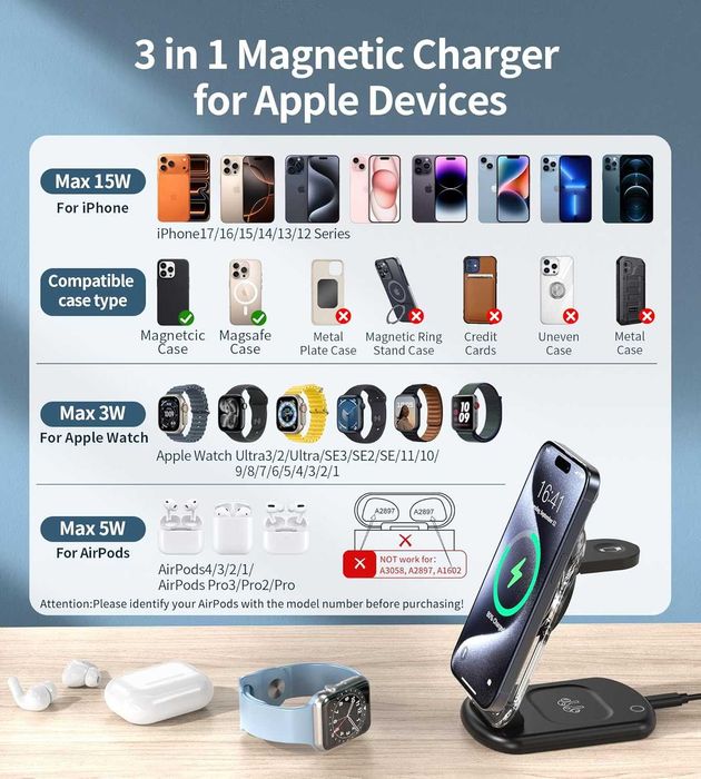 3-в-1 магнитна безжична зарядна станция за Apple устройства