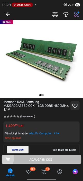 Memorie RAM, Samsung M323R2GA3BB0-CQK, 16GB DDR5, 4800MHz-5600MHz, 1.1V