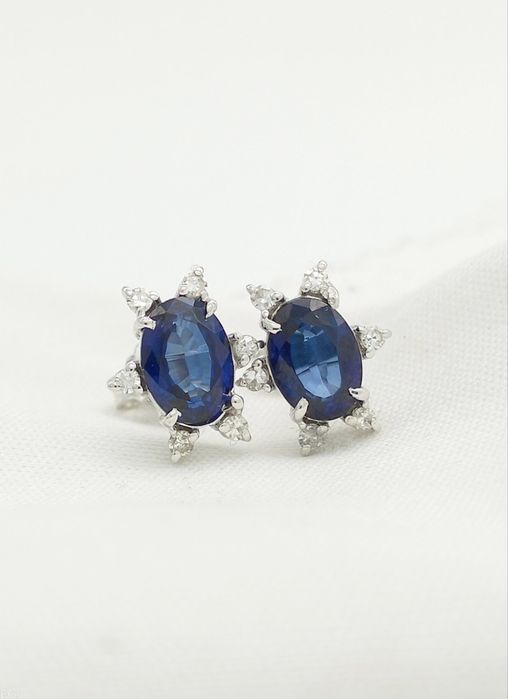 Cercei din aur alb 14K cu safir și diamante naturale