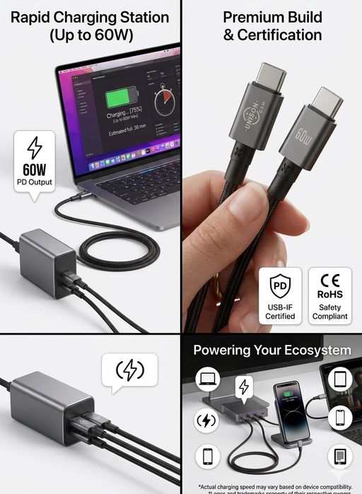 60 WATT , 2 METER data/charging compatibl cu telefon si laptopuri