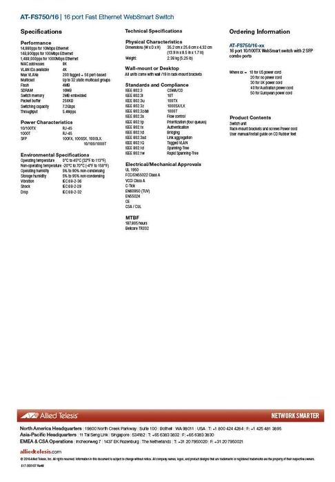 Switch Allied Telesis AT-FS750/16, 16 x 10/100TX, WebSmart - NOU