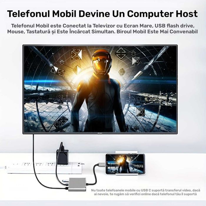 3in1 adaptor USB-C la HDMI 4K + USB 3.0 + USB-C pentru telefon laptop
