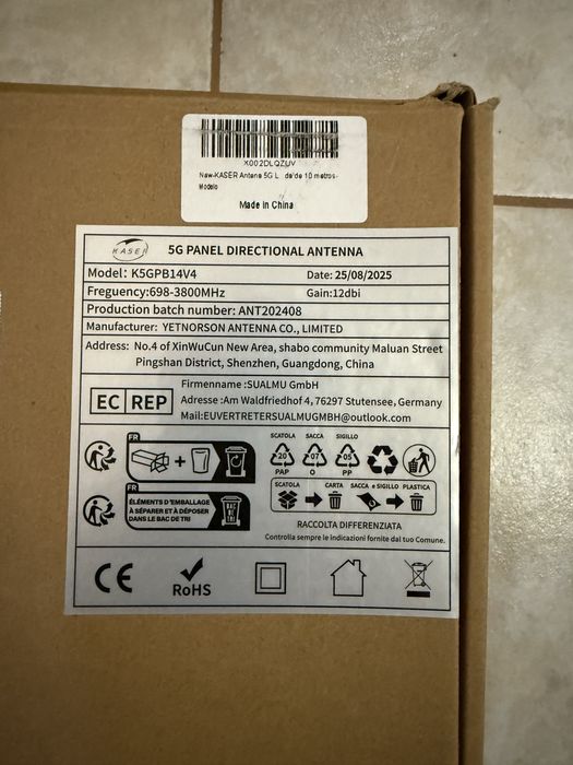 Antena externa LTE 5G/4G MIMO KASER banda N78, 3300-3800 MHz, cu castig de 15dBi, cablu de 10m cu pierderi reduse, adaptor SMA/TS9, pentru routere 5G
