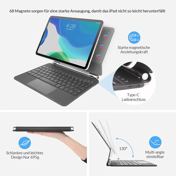 Tastatura Rii Air cu touchpad, Bluetooth si prindere magnetica pentru iPad Pro 11 si iPad Air 6/5/4.