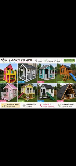 Căsuțe Copii din Lemn – Personalizate | Etaj | Tobogan | Livrare