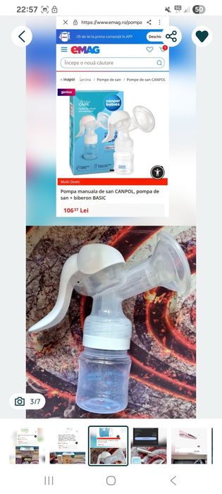 Pompă manuală de sân CANPOL, pompă de sân + biberon BASIC, este nouă