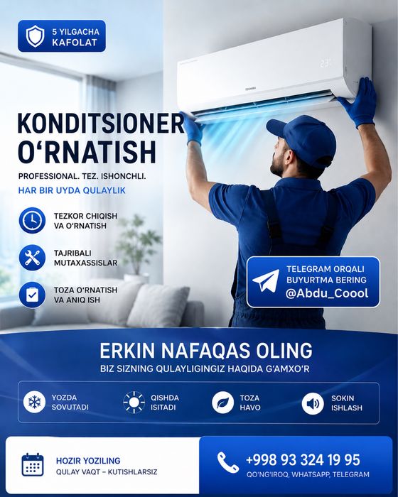 Konditsioner o’rinatamiz sifatli xizmat 24/7