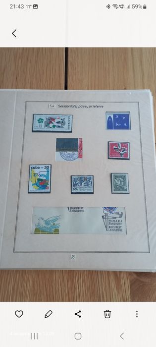 Colecție timbre tematică „Porumbeii – simbolul păcii” + bloc Picasso + FDC