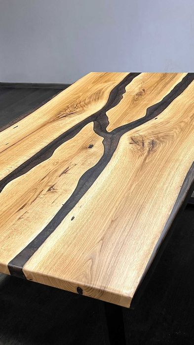 Masă living din lemn masiv stejar,bronze+rasina epoxidică,handmade