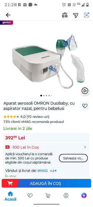 Aparat aerosoli OMRON DuoBaby, cu aspirator nazal, pentru bebelusi
